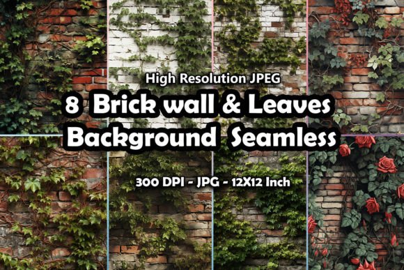 8 Brick Wall and Leaves Seamless
