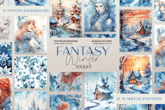 Escape into a Watercolor Snow-Kissed Realm with the Fantasy Winter Digital Paper Collection